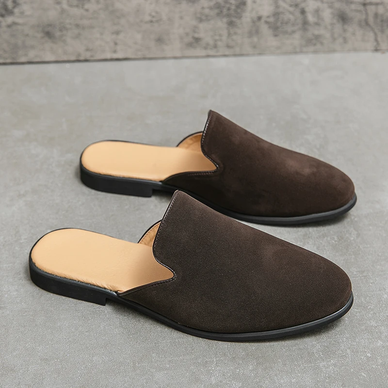 Half Shoes For Men Mules 2022 Suede Leather Italian Slip On Flat Summer Mens Casual Shoes Breathable Loafers Slippers Man Slides 6