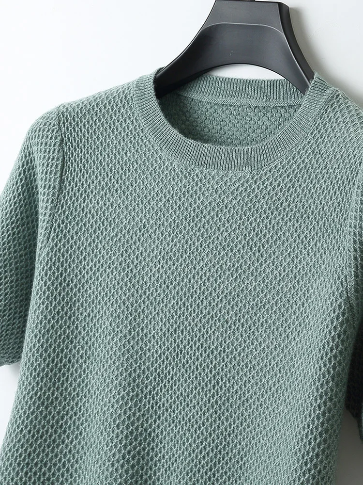 Men's Wool T-shirt Short Sleeve Spring Summer O-neck Pullover Merino Wool Knitwear Casual Cashmere Jacquard