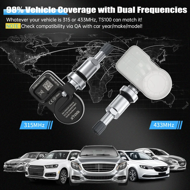 XTOOL TS100 Sensor 2 in 1 315MHz 433MHz TPMS Sensor Tire Repair Tools TPMS Scanner Pressure Monitor Tester Work on TP150 IP819TP 5