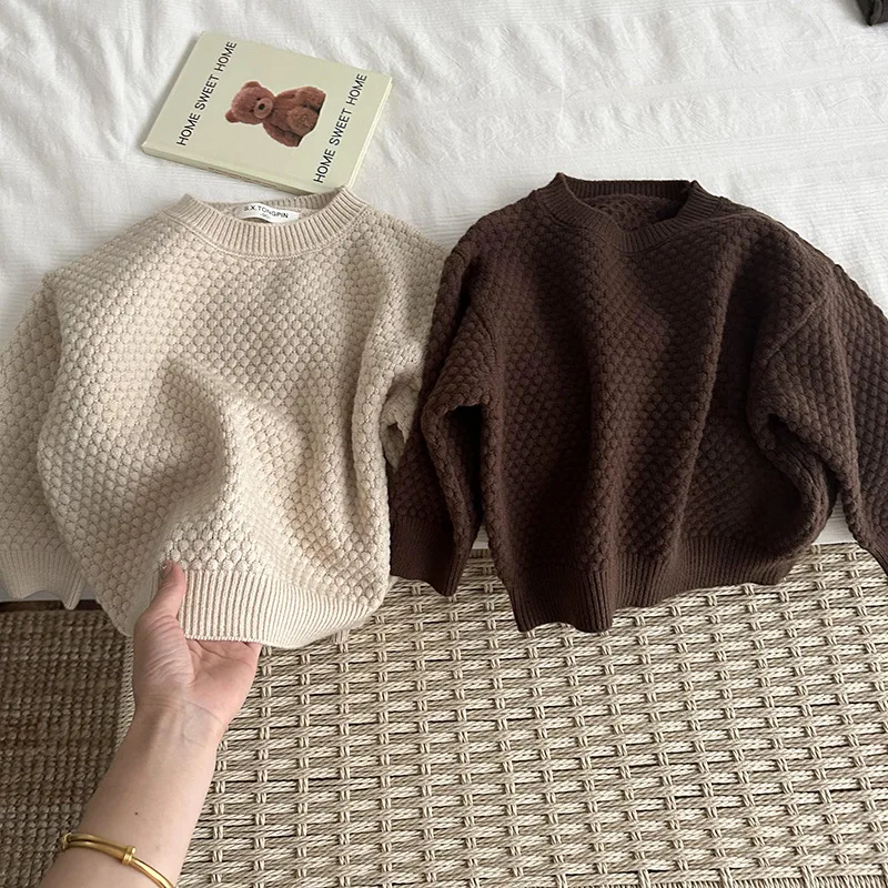 

2023 Autumn Girls Boys Casual Knitted Sweaters O Neck Pullover Top Two Colors