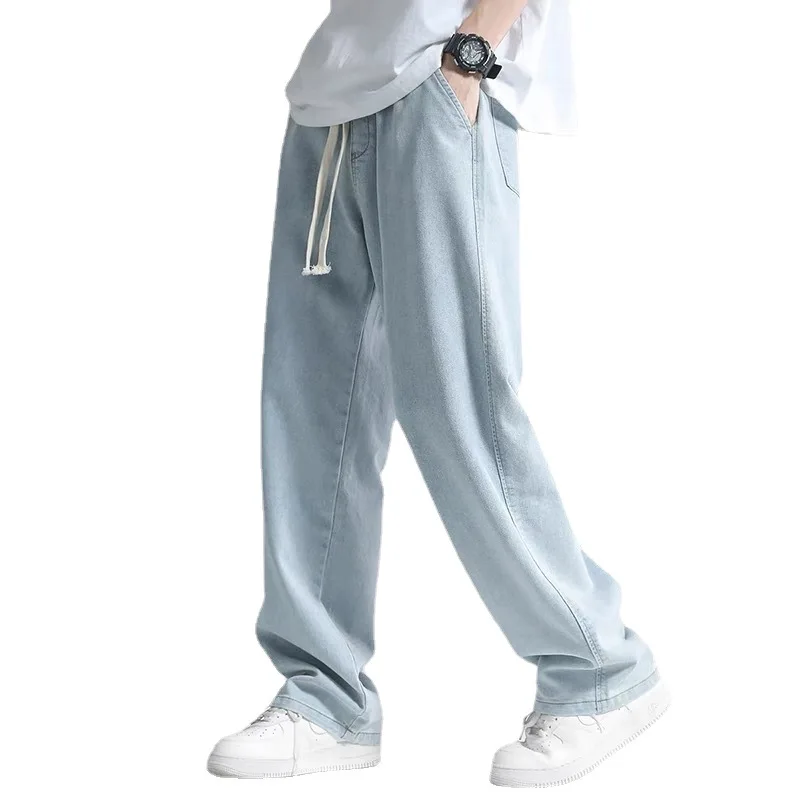 Straight Jeans Men\'s Elastic Waist Loose Denim Pants Cotton Summer Wide Leg Jeans Mens Summer Clothes Lightweight Baggy Jeans