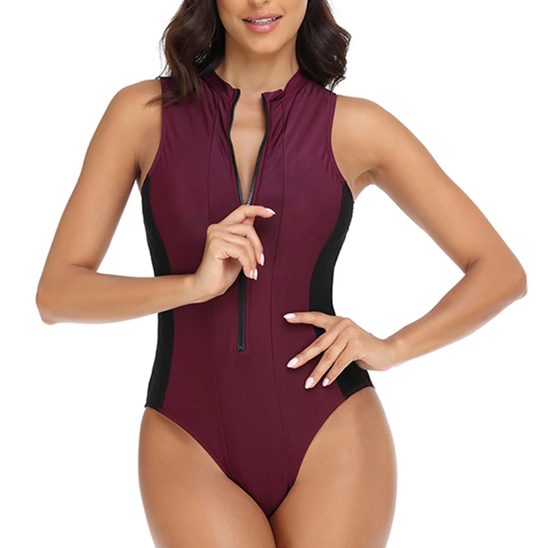New One Piece Sports Swimsuit Women Bodysuit Swimwear with Zipper Female Solid Beach Bathing Suits Mujer Bikini Beach Wear