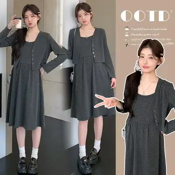 Maternity Suit 2025 New Style Korean Version Knitted Gentle Temperament Sling Dress And Long Sleeve Cardigan Top Two Piece Set