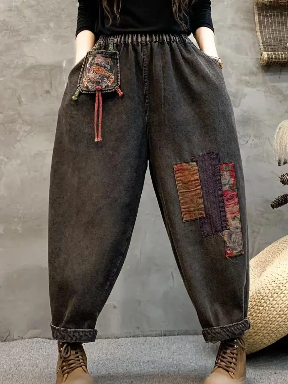 

Autumn Vintage Distressed Patch Disc Buckle Elastic Waist National Style Denim Trousers Loose Women Streetwear Ankle-length Pant