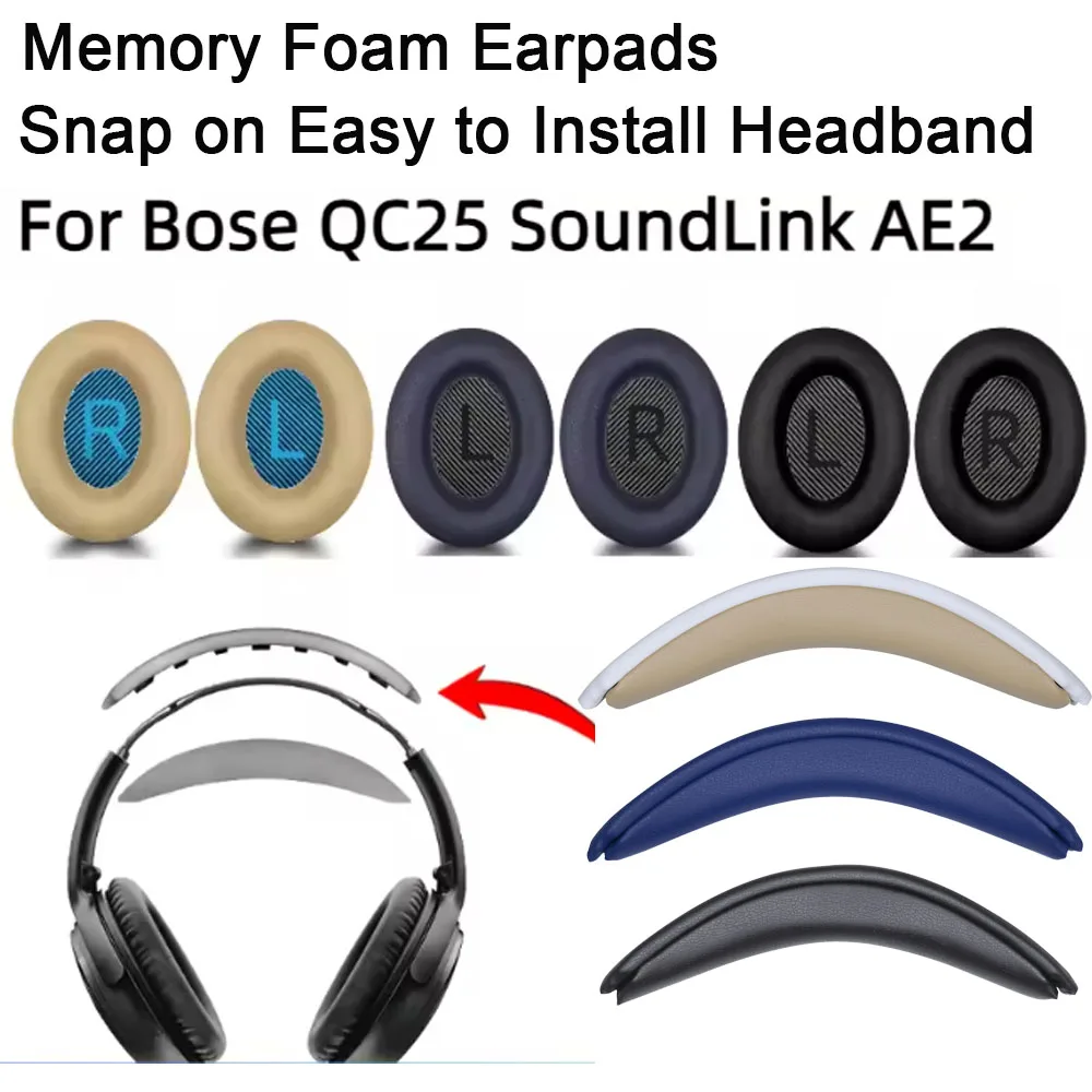 Easy Install Snap On Headband Earpads for Bose QuietComfort 25 QC25 Headphone Replacement Headband Headstrap Ear Pad Cushion