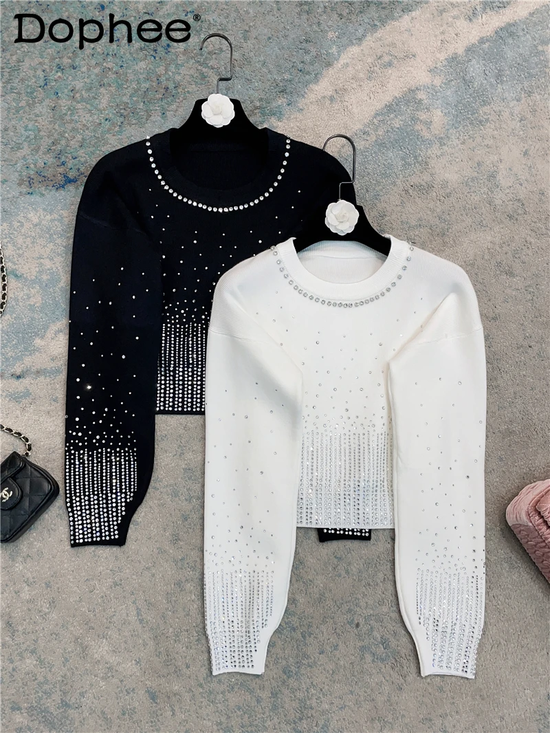 

Fall 2023 New French Fashion All-Match Starry Sky Rhinestone Sweater Jumper Women Beaded Slim Short Pullover Knitted Sweaters