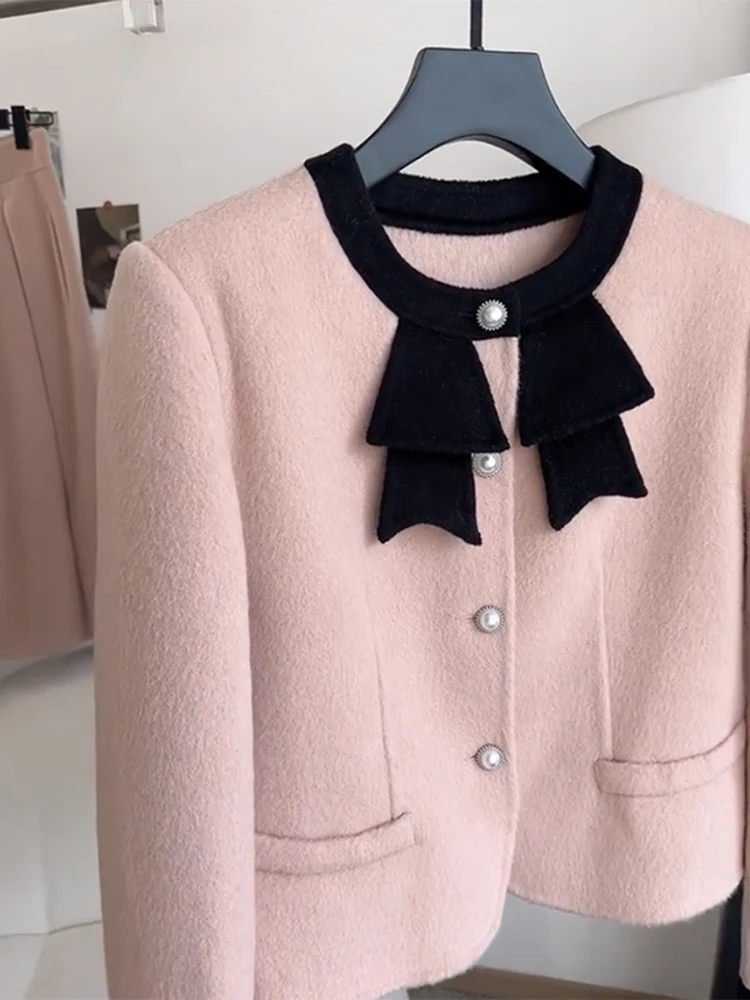 French Elegant Long Sleeve Round Neck Women's Coats Autumn and Winter Fashion Pink Beaded Single-Breasted Slim Fit Jackets