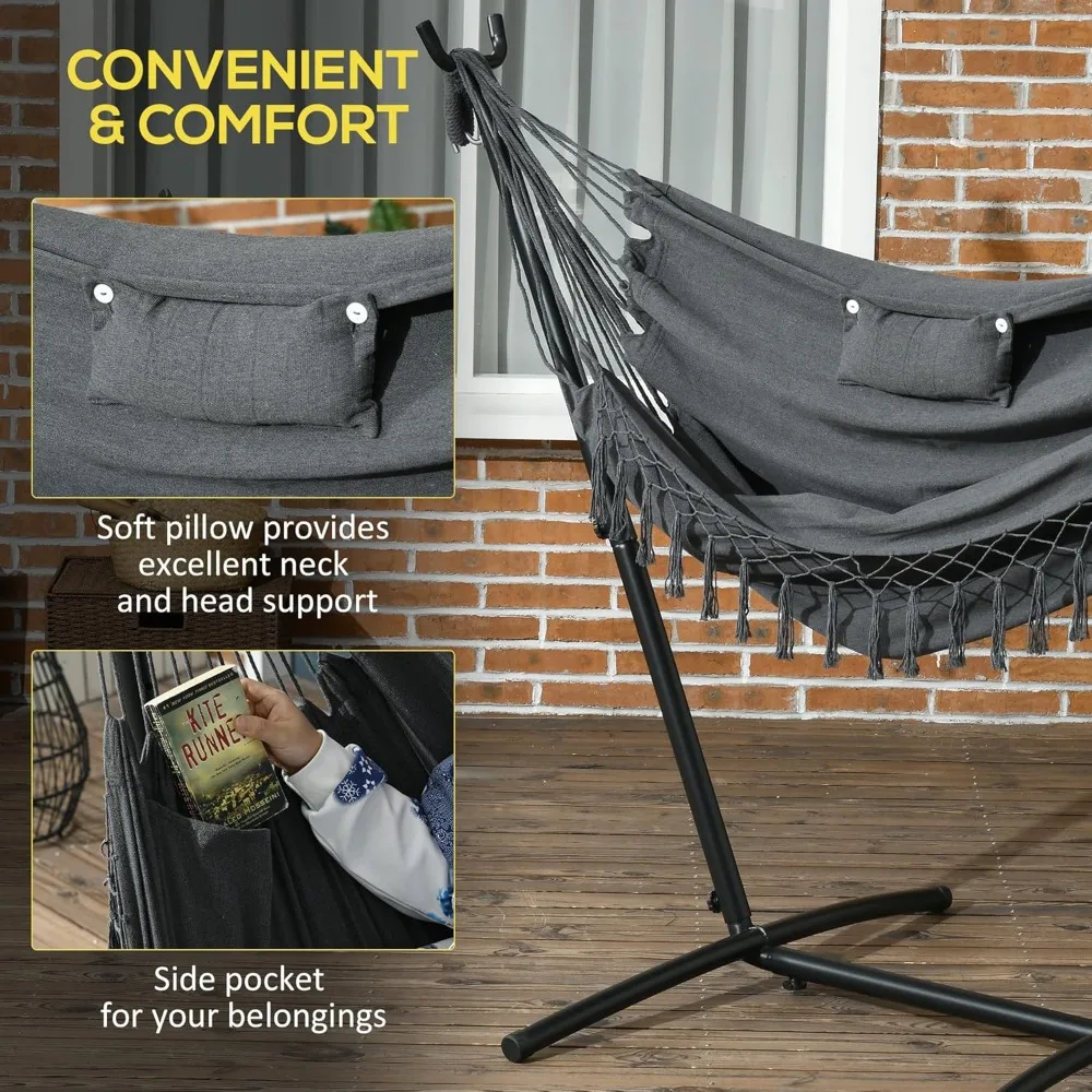 Patio Hammock Chair with Stand, Outdoor Hammock Swing Hanging Lounge Chair with Side Pocket and Headrest 4