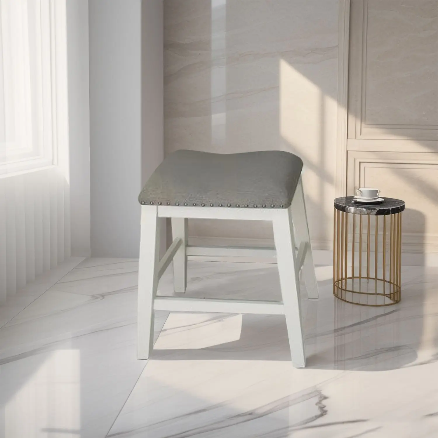 Modern Farmhouse 60" Oak Table Set – 4 Upholstered Chairs with Copper Nail Detail 6