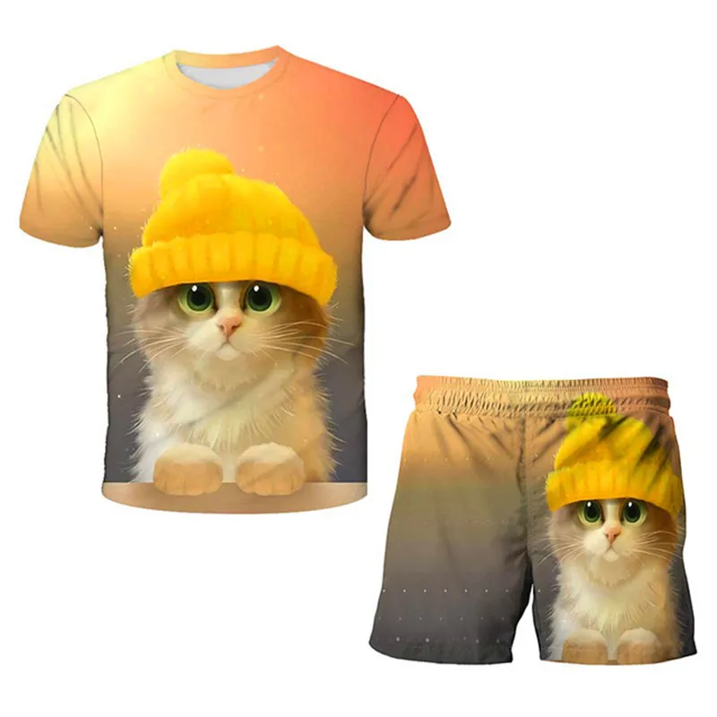 

2023 Summer Cat Boys And Girls Clothing Sets Children Cartoon Cute T Shirts Shorts 2pcs/Suits 3D Printing Casual Costume Outfits