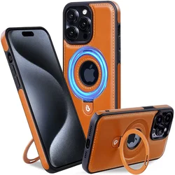 Magnetic Leather Folding Ring Stand Phone Case with Holder - iPhone 15 Pro Max (Light brown)