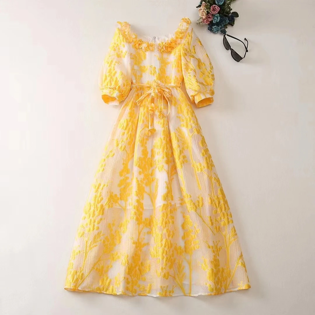 

European and American women's clothes 2023 summer new Seven-point sleeve lantern sleeve Petal collar Yellow jacquard Dress XXL