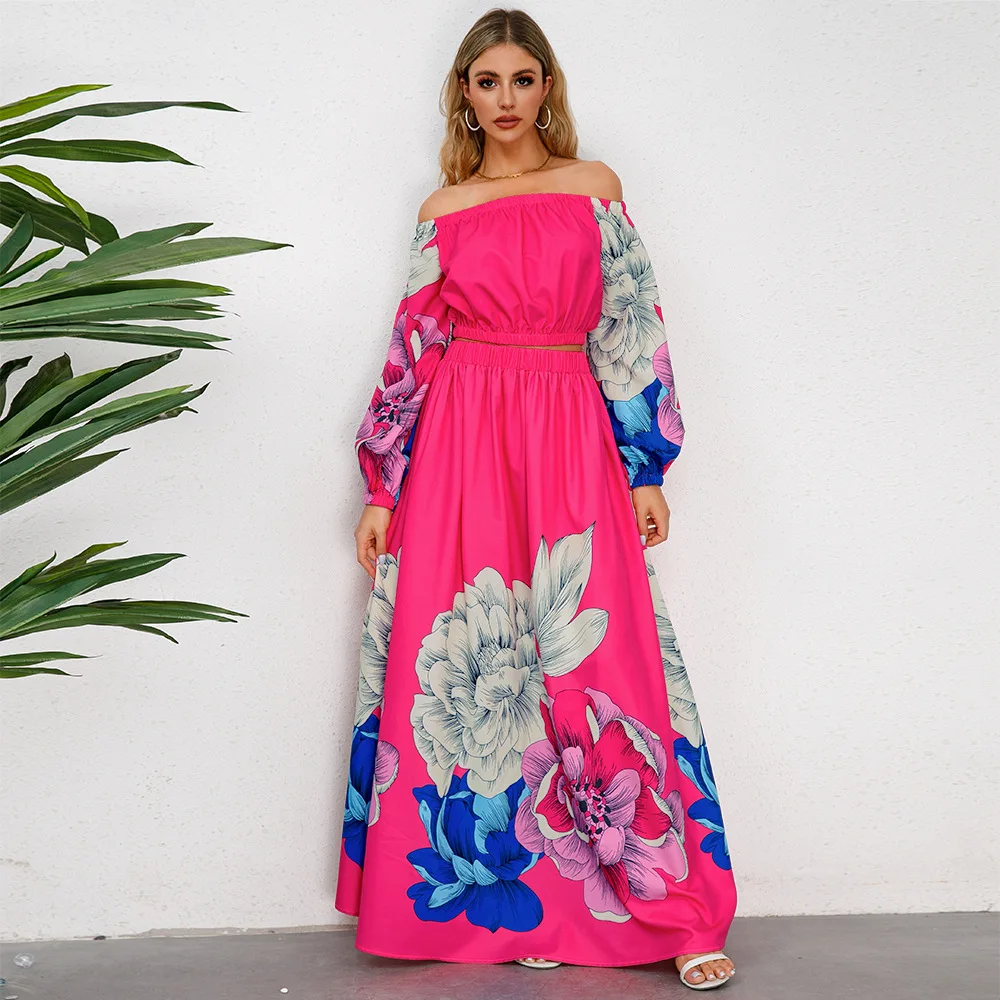 

Осенний элегантный праздничный комплект из 2 предметов с цветочным принтом, укороченный топ с открытыми плечами и длинным рукавом и Макси-юбка с широкой юбкой