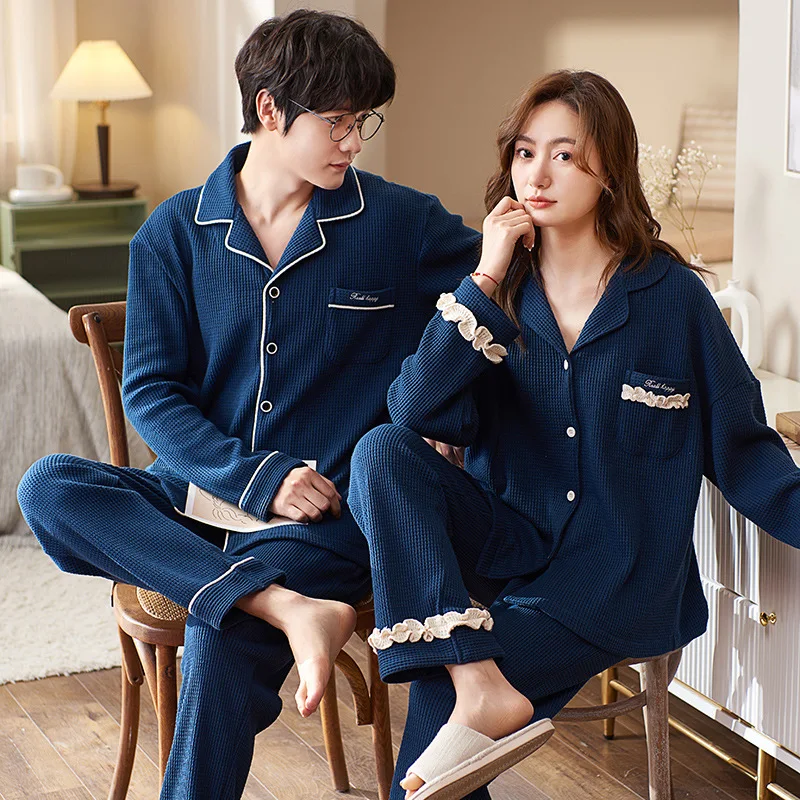 Couple Pajamas Men and Women Cotton Sleepwear Turn-down Collars Long Sleeve Pants Pyjama Sets Solid Autumn Winter Nightwear Suit
