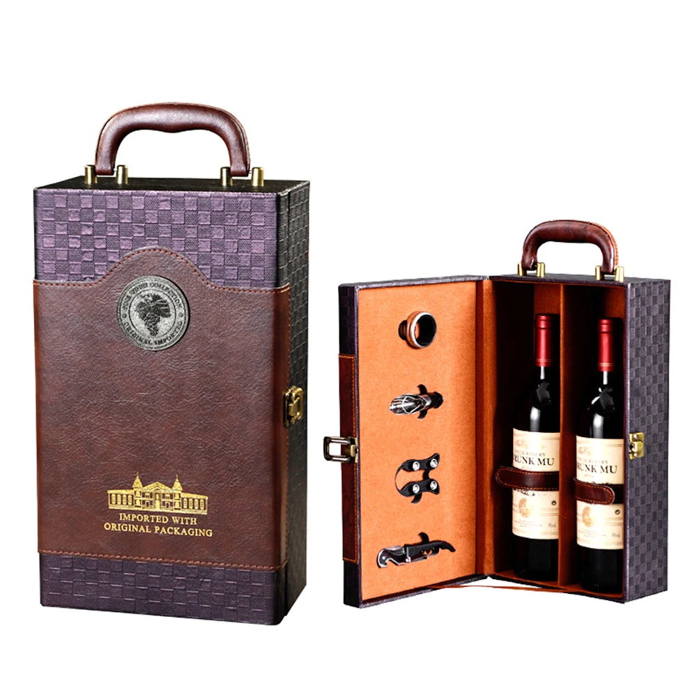 Luxuriöse 2-Flaschen-Geschenkbox aus Leder für Rotwein mit Zubehör-Set, tragbare Tragetasche mit Werkzeuggriff für die Heimsammlung