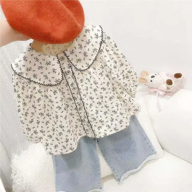 Baby Girls Shirts Floral Long Sleeve Peter Pan Collar Cute Autumn New Korean Style Kids Blouses Clothes