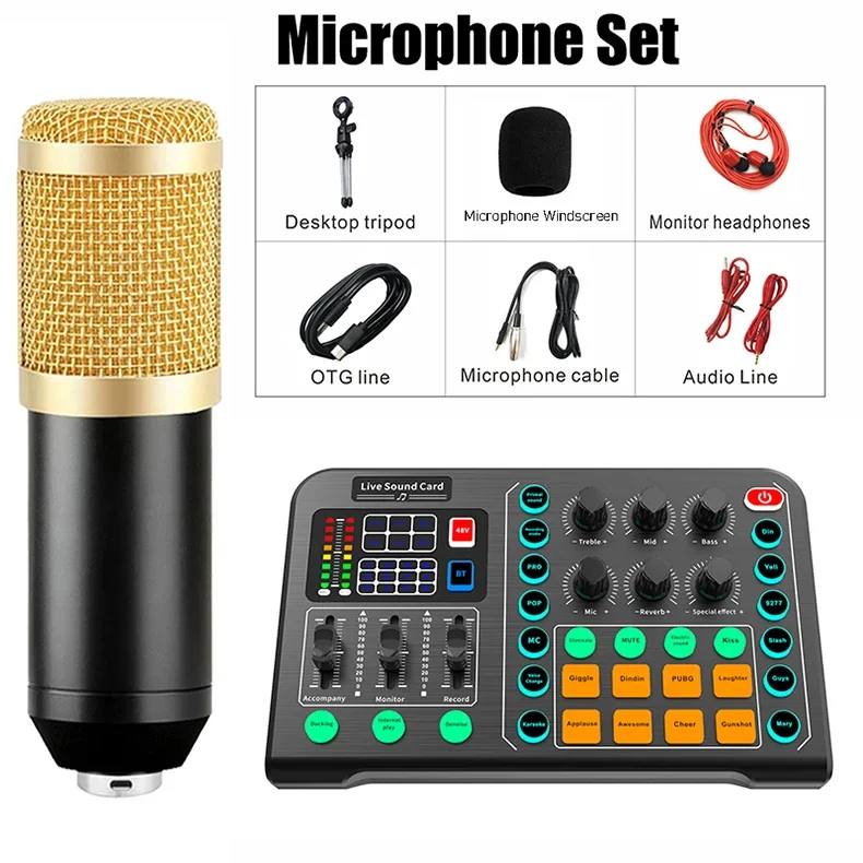 

Оборудование для подкастов, комплект емкостного микрофона со штативом и профессиональный микшер для потокового вещания