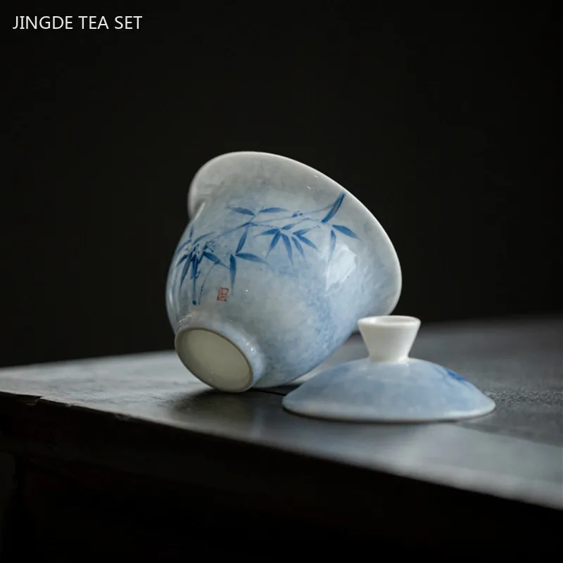 100ml Hand-painted Blue and White Porcelain Gaiwan Healthy Underglaze Ceramic Tea Infuser Household Beauty Teacup with Lid