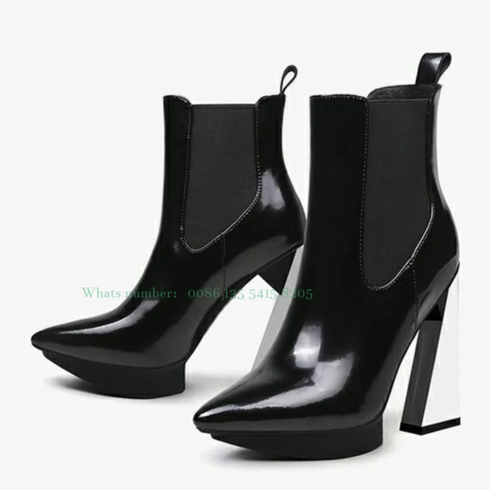 

Black New Platform Thick Heel Chelsea Boots Women's Super High Heel Patent Leather Short Boots Elastic Boots Pointed Toe Shoes