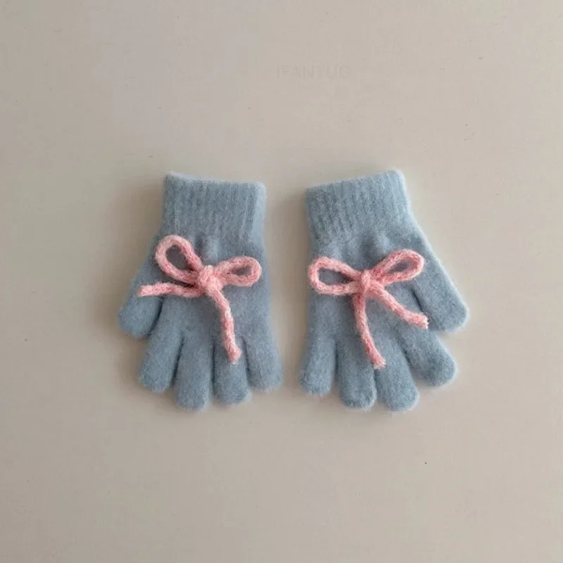 New Winter Cute Solid Color Bow Children Warm Gloves Girls Five Finger Gloves Korean Fashion Windproof Student Cycling Mittens 6