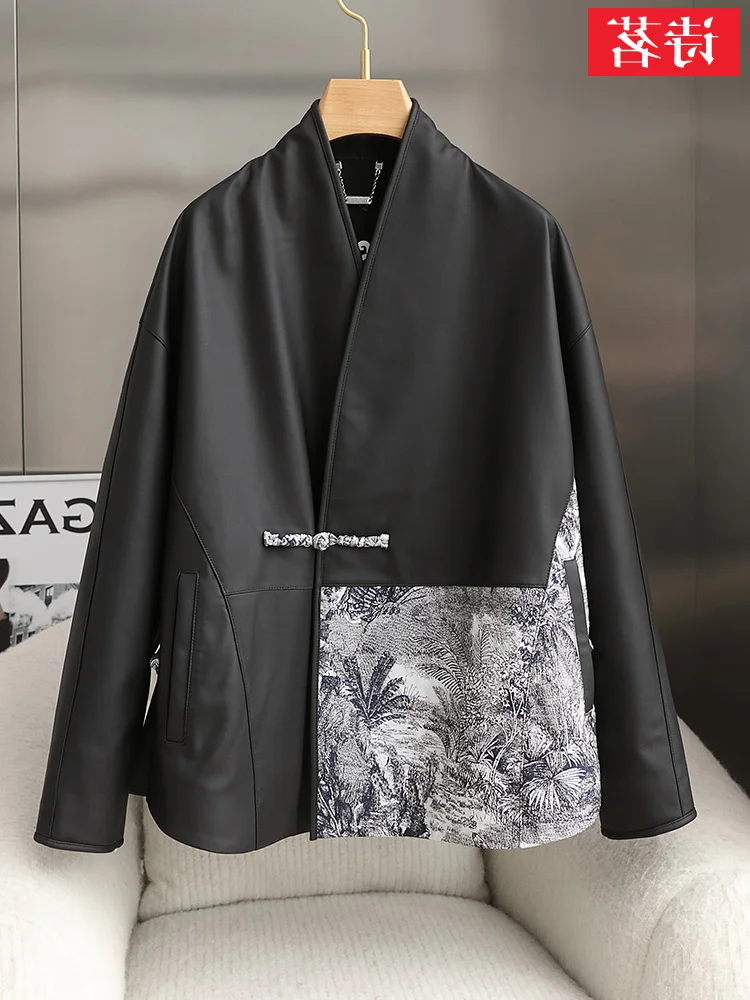 

New 2023 Spring and Autumn New Genuine Leather Clothes for Women's Loose Casual Splicing Texture Sheepskin Coat