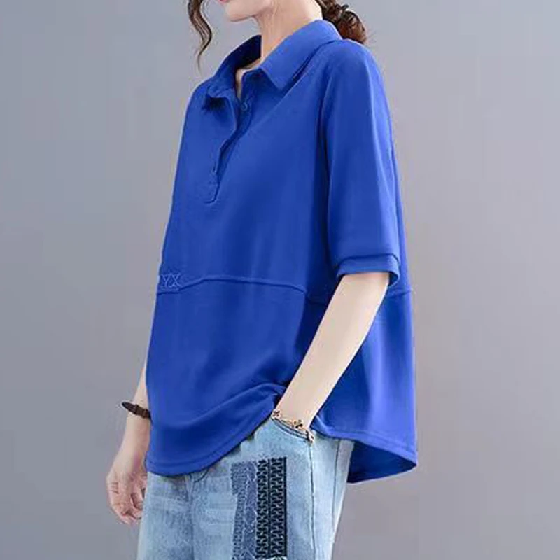 여성용 오버사이즈 폴로 칼라 티셔츠, 단색 반팔 상의, 심플 캐주얼 스트리트웨어, 2023 여름, Y2K 카미세타