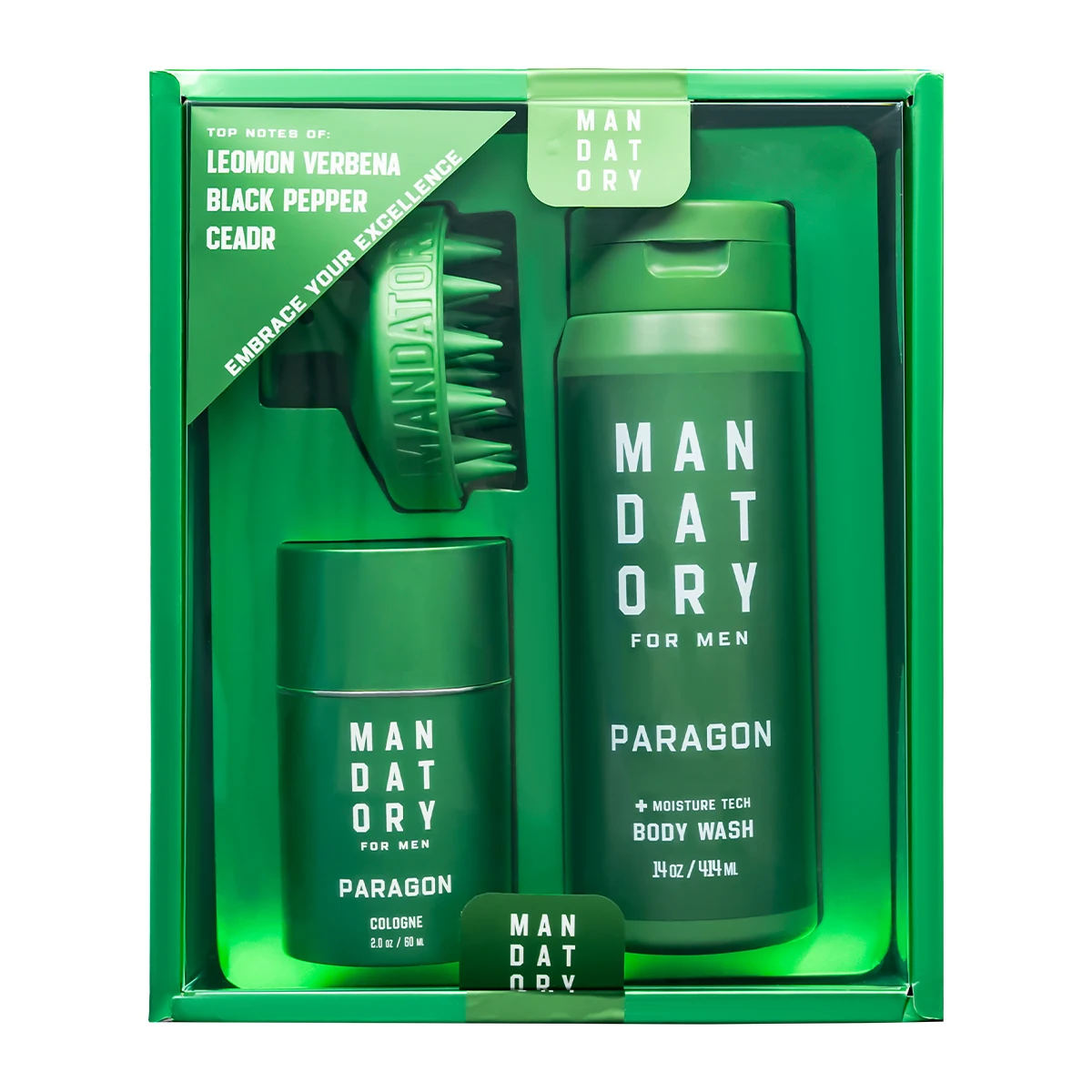 MANDATORY Men's Fragrance Set Gift Eau de Toillete Cologne Spray 2.0 Oz Body Wash 14 Oz Shower Gel 1 Pc Hair Scalp Massager