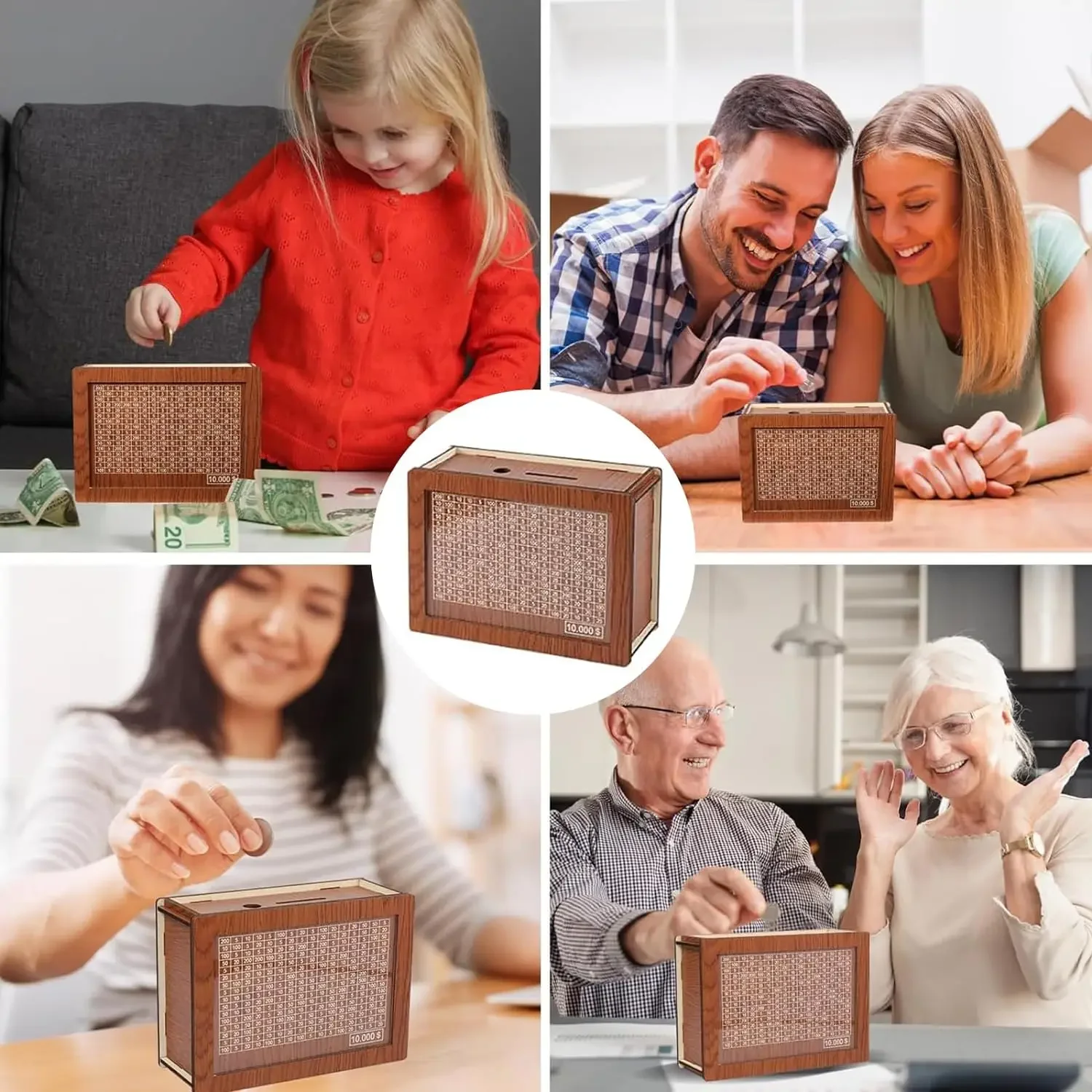 Piggy Bank Wooden Piggy Bank Wooden Money Box 1000/2000/3000/5000/10000 Dollar Euro Saving Money Box with Money Goals for Kids Adults