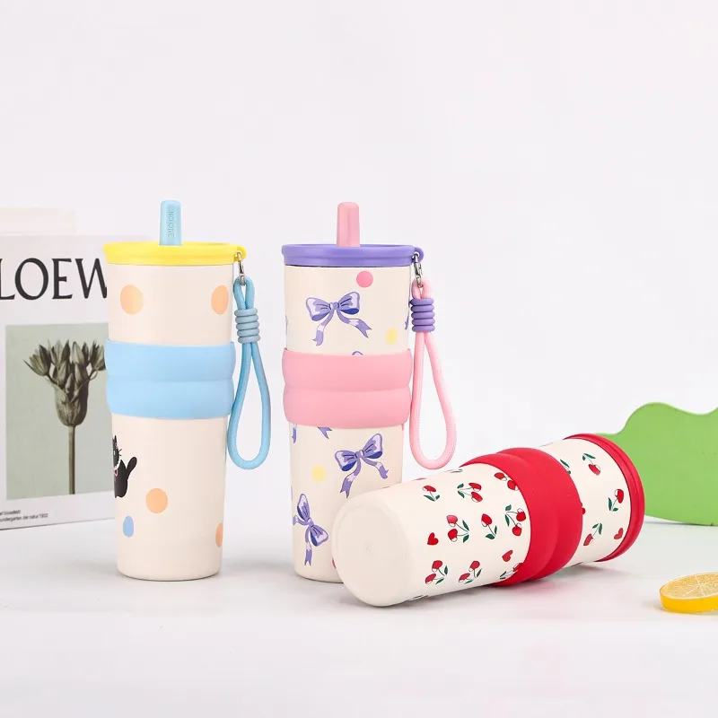 710ML Printed Bow Vacuum Cup Insulation Or Cooling Stainless Steel Cup With Lifting Rope High-Capacity Insulated Cup LIJIAO