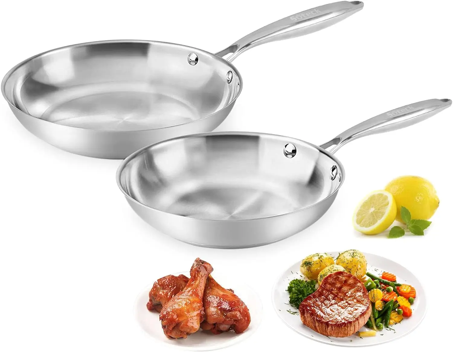 

Pan Set of 2 | 8" & 10" Tri-Ply Stainless Steel Frying Pan, Oven & Dishwasher Safe Classic Cooking Pan Cookware Plate for cookin