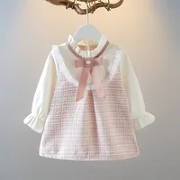 New In Spring Toddler Girl Dresses Korean Fashion Cute Bow Mesh Plaid Long Sleeve Princess Kids Dress Baby Clothes Outfit 1