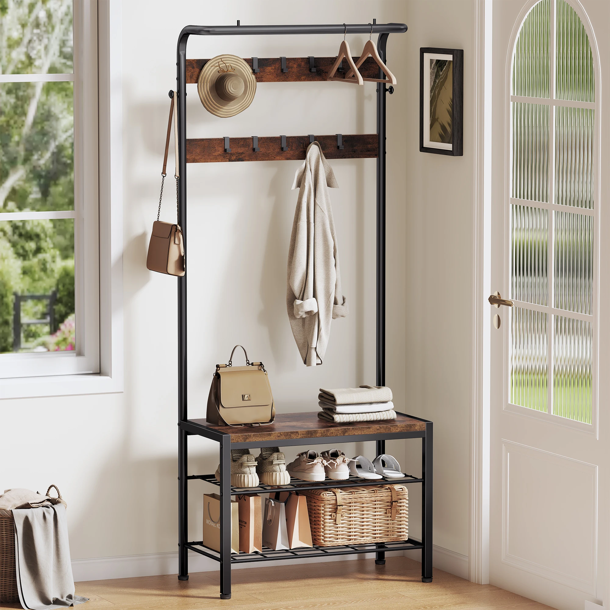 entryway organizer with coat rack shoe bench