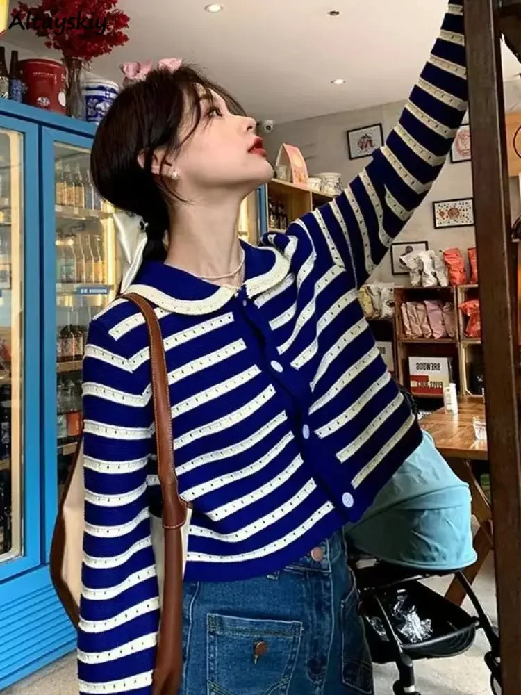 

Cardigan Women Autumn Striped Daily Hollow Out Korean Fashion Knitted Casual All-match Preppy Style Students Elegant Simple New