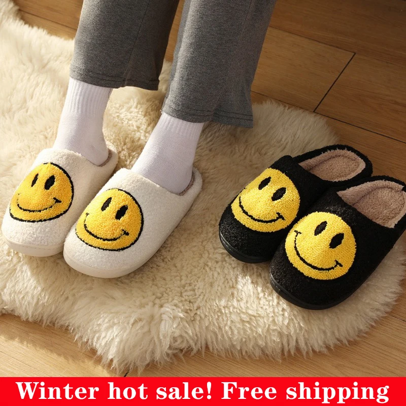 House Smiley Face Slippers Women Kawaii Cartoon Plush Winter Warm