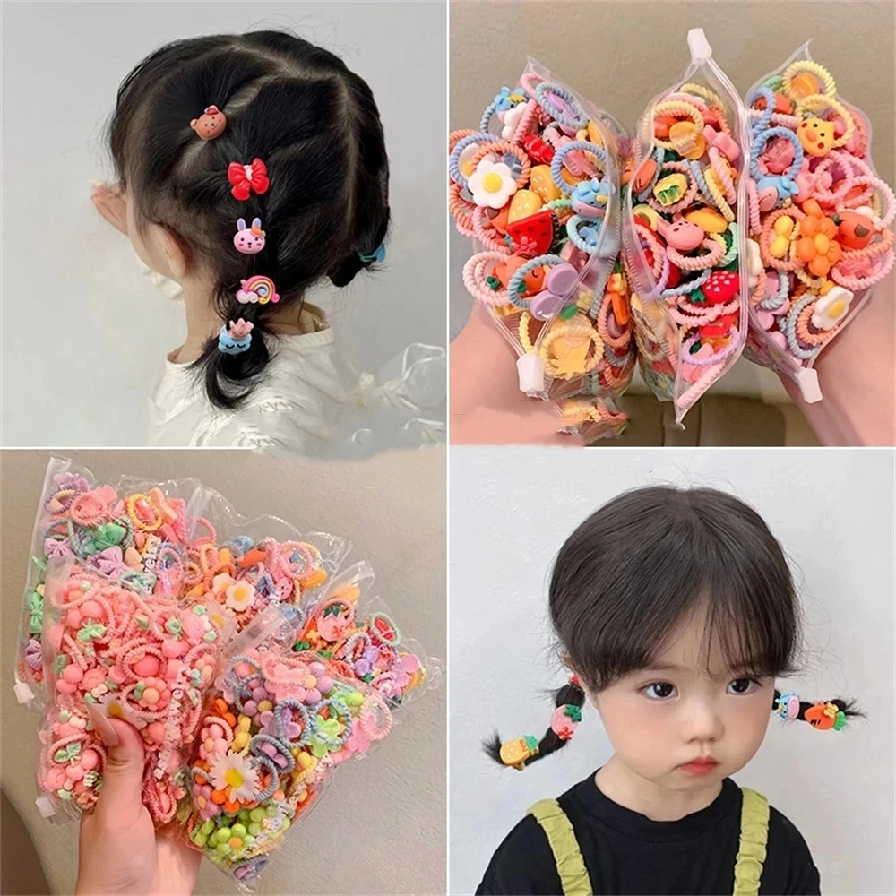 100/50/30PCS Girls Hair Bands Cute Cartoon Elastic Hair Ties Children Ponytail Holder Bands Kids Hair Accessories