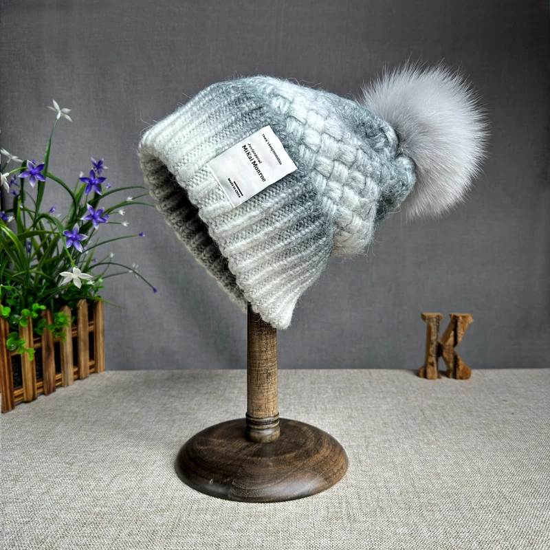 High quality New winter Hat Women's rabbit fur Knitted Hat Fox fur pompom Hat Curled Edge mix Colore Hat for girls womens 2