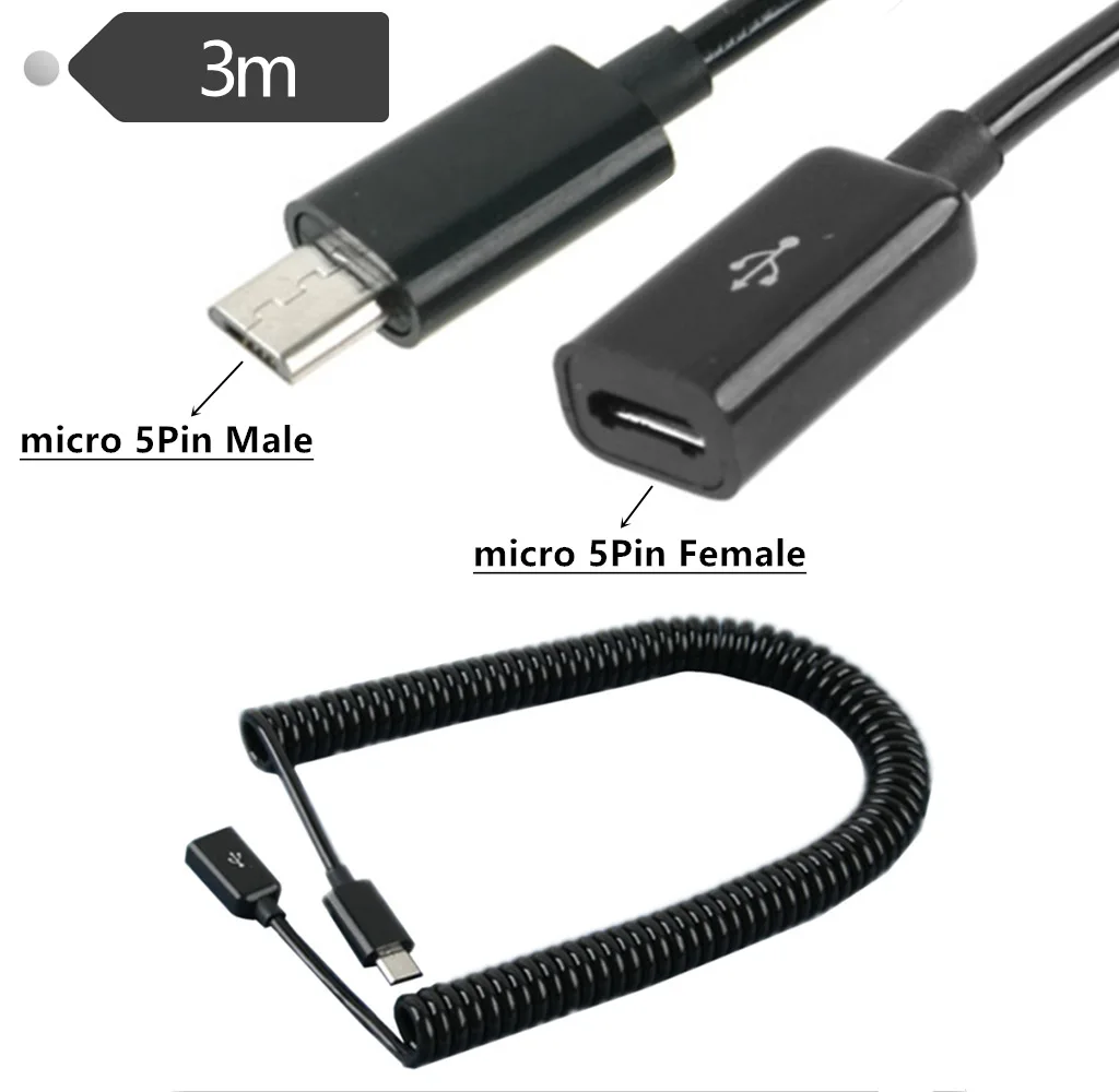 1m/3m USB 2.0 코일 마이크로 USB 남성 - 마이크로 USB 여성 확장 충전 나선형 케이블 코드