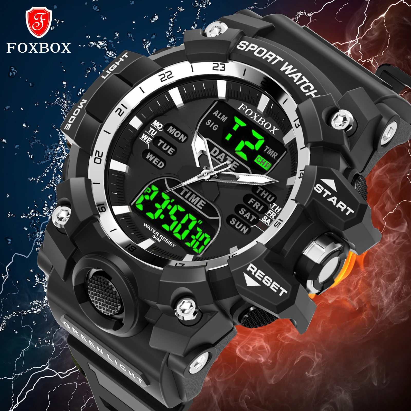 FOXBOX Military Watch For Men Casual Sport Chronograph Alarm WristWatch ​Waterproof Quartz Big Clock Dual Display Male Watches