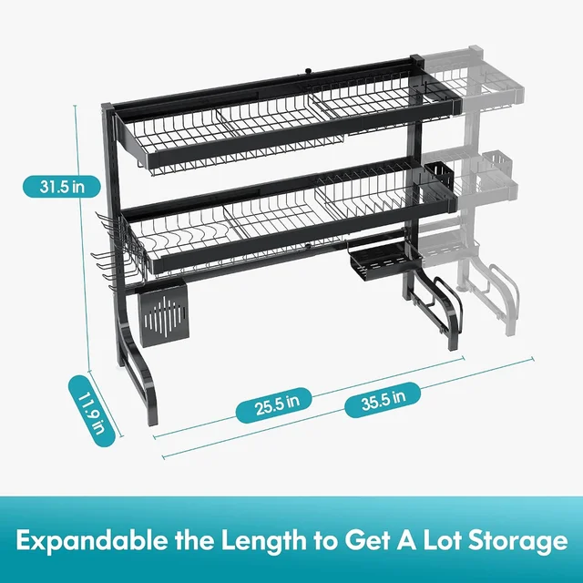  BOOSINY Over Sink Dish Drainer Drying Rack,Adjustable  (25.5-35.5) 3 Tier Large Dish Racks for Kitchen Storage Counter  Organizer,Full 304 Stainless Steel Shelf with Utensil Holder and 10 Hooks