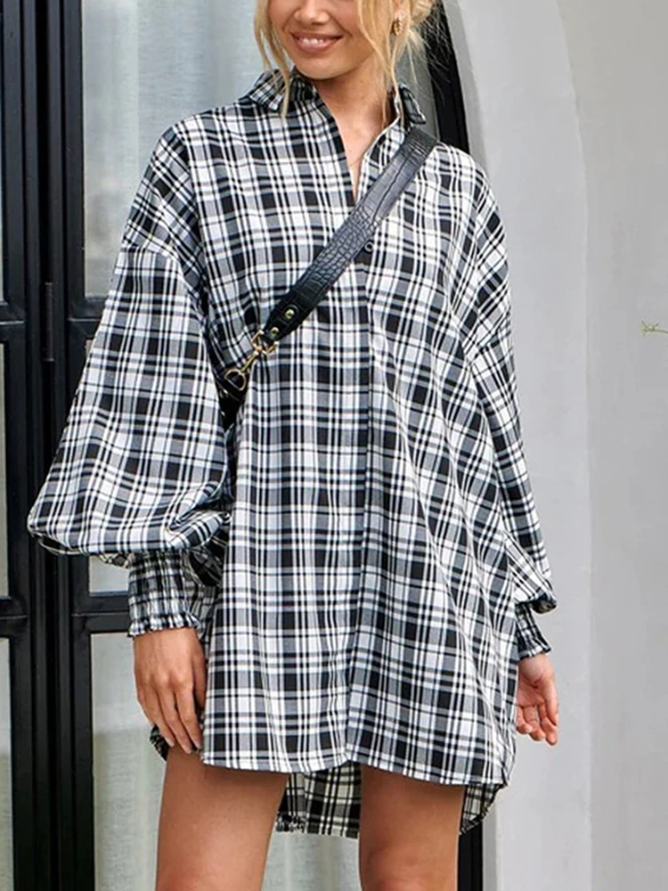 

Рубашки на пуговицах, Женская Повседневная клетчатая блузка, Женский Топ с отложным воротником и длинным рукавом-фонариком, женская модная яркая весенняя