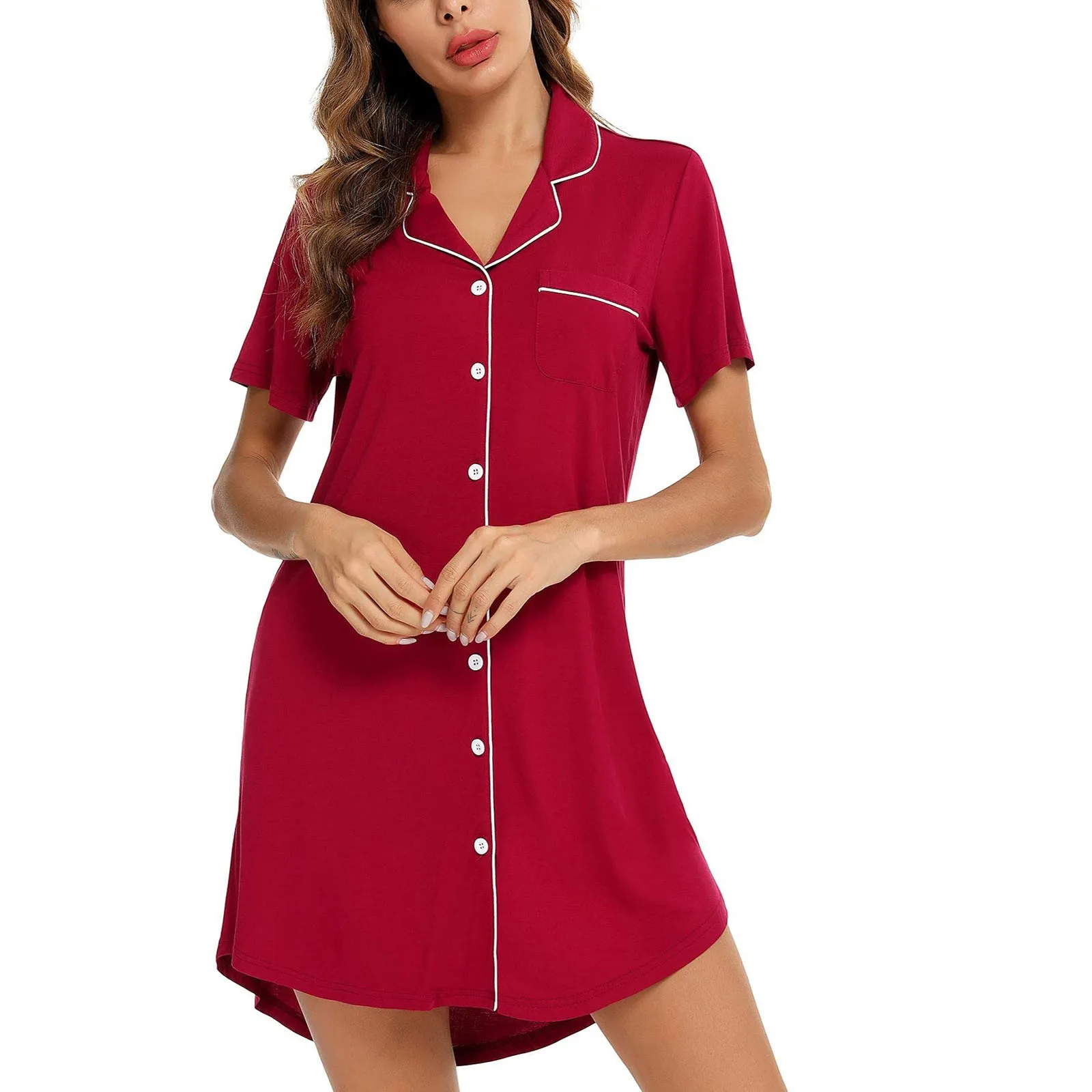 Pajama Nightgown For Women Short Sleeve Button Down Nightwear Top Sleep Shirts Solid Women'S Nightdress Ladies Sleepwear Home