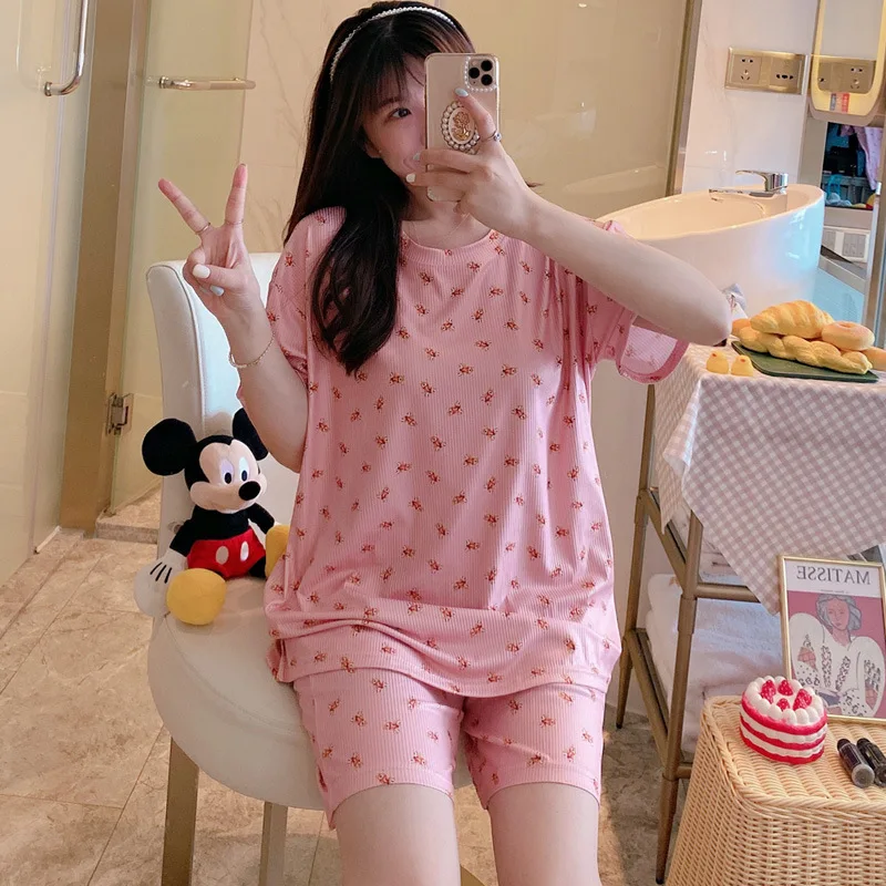 Pajama Women's Summer Ice Pit Stripe Floral Short Sleeved Shorts Loose Fitting Two-piece Home Suit Can Be Worn Externally