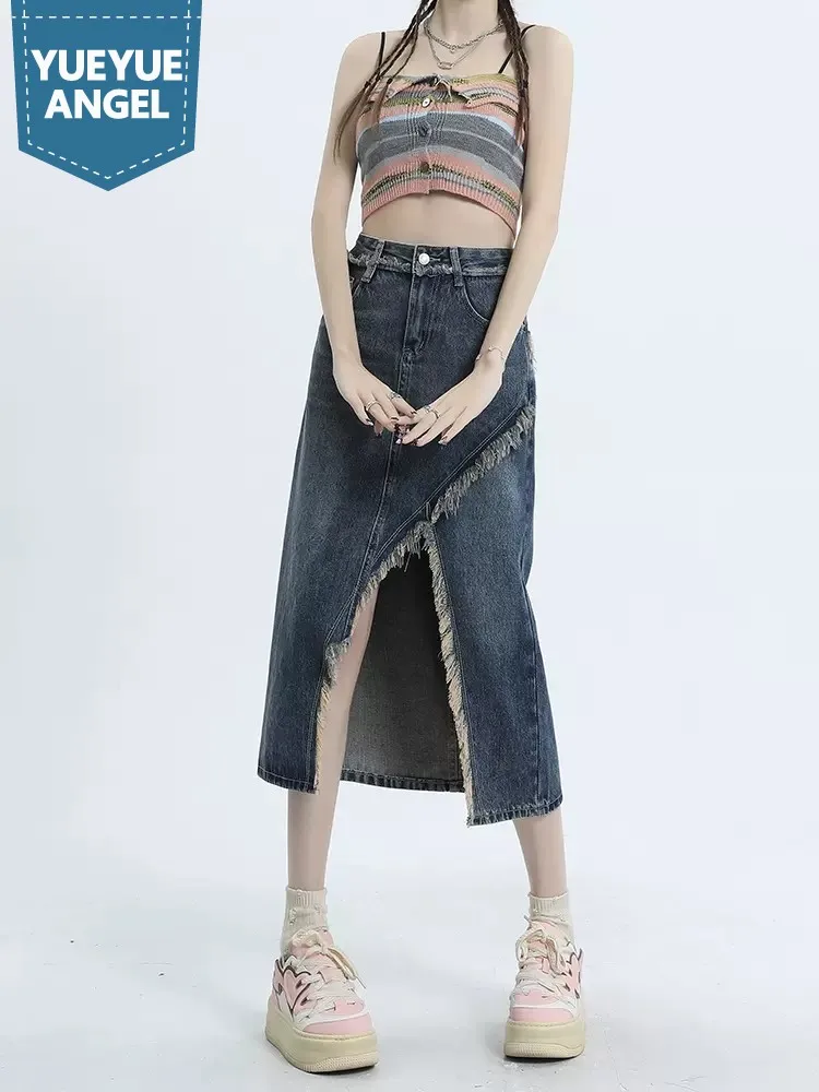 summer-women-asymmetrical-split-denim-skirt-high-waist-mid-calf-long-tassels-skirts-vintage-female-casual-slim-fit-wrap-skirt