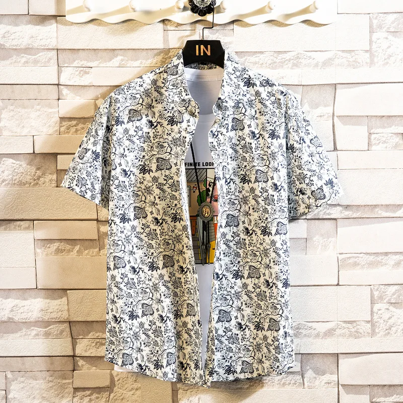 New Fashion Floral Print Shirt Men Summer Casual Short Sleeve Shirts Mens Korean Style  Tops Blouse Male M-5XL E35