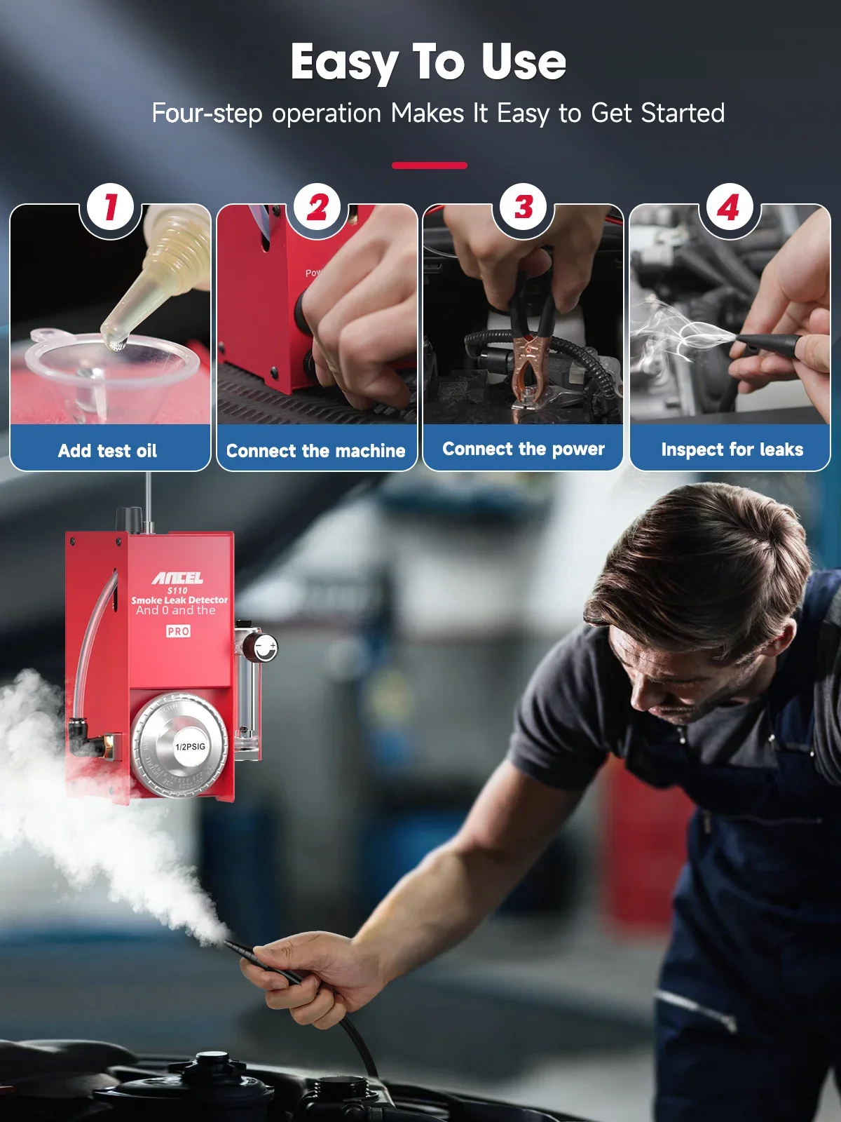Outil de diagnostic EVAP de fuite de fumée pour voitures, démontrant une utilisation facile en quatre étapes : ajout d'huile de test, connexion de la machine, connexion de l'alimentation et inspection des fuites. Un mécanicien inspecte un moteur avec un détecteur de fuite de fumée ANCEL S110.