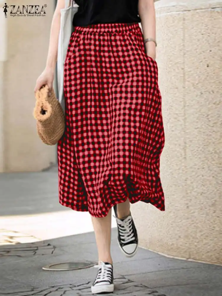 

ZANZEA Women Swing Skirts Bohemian Plaid Print Overskirt Korean Fashion Pocket Summer Faldas 2024 Holiday Elastic Waist Jupes