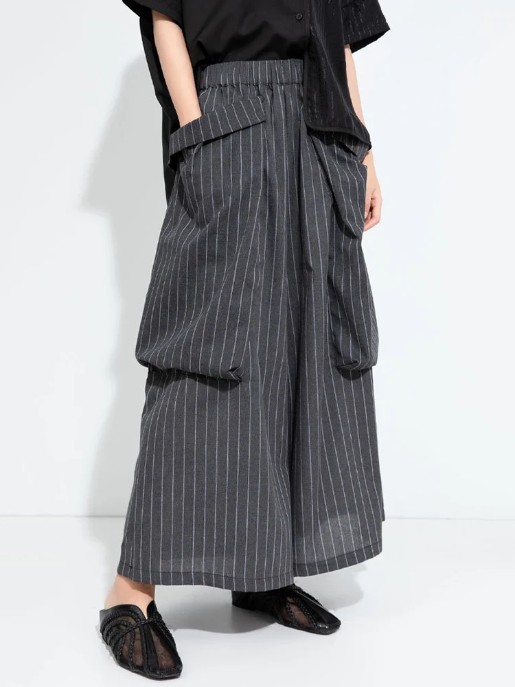 [EAM] High Elastic Waist Gray Striped Big Pocket Wide Leg Pants New Trousers Women Fashion Tide Spring Autumn 2026 1DJ7107