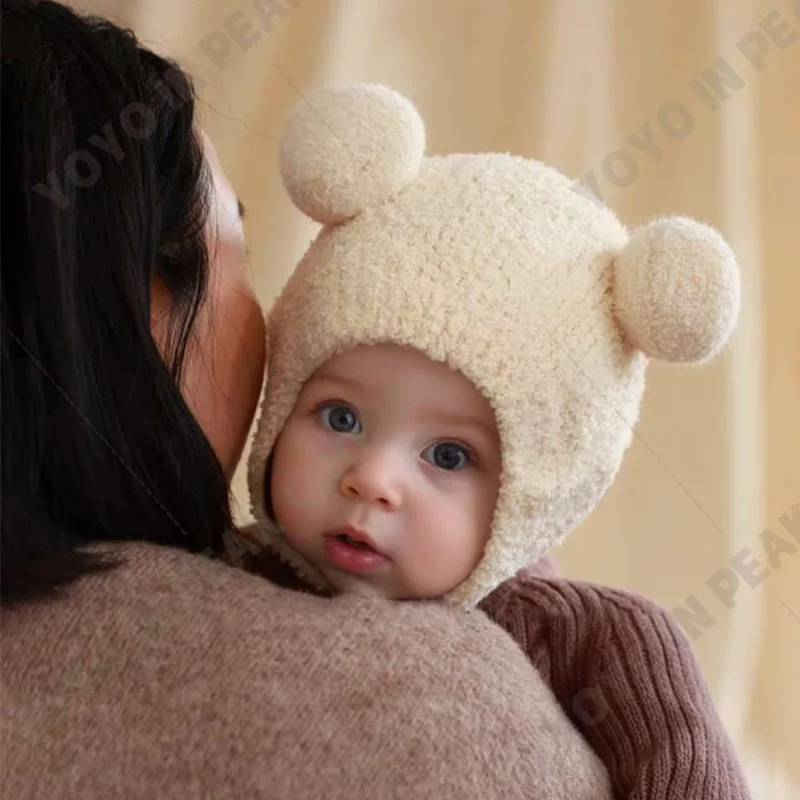 Infant Hat Baby Beanie Girl Boy Hat Fleece Wool Hemming Caps with Ball Autumn Winter Solid Wool Ear Protection for 4-24 Month