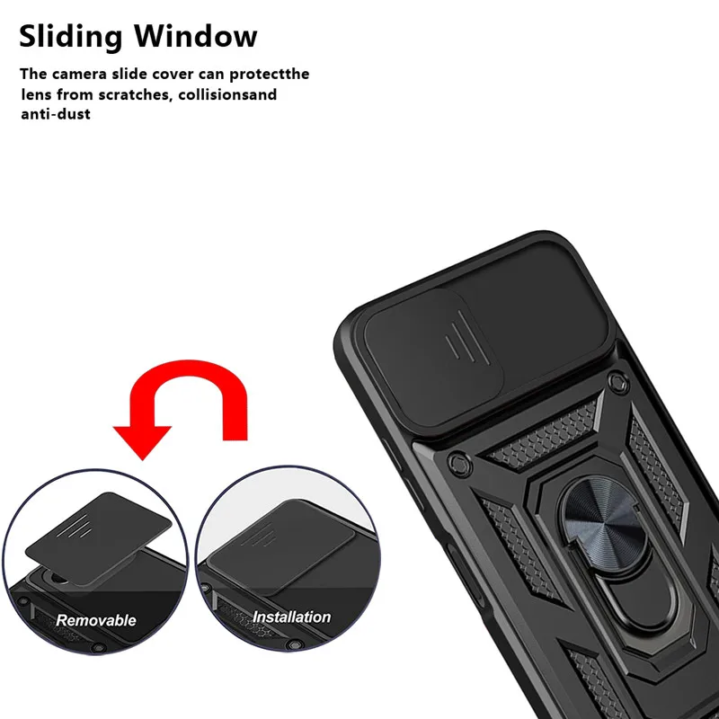 Shockproof Slide Lens Armor Phone Case with Magnetic Ring Holder - Enhanced Protection