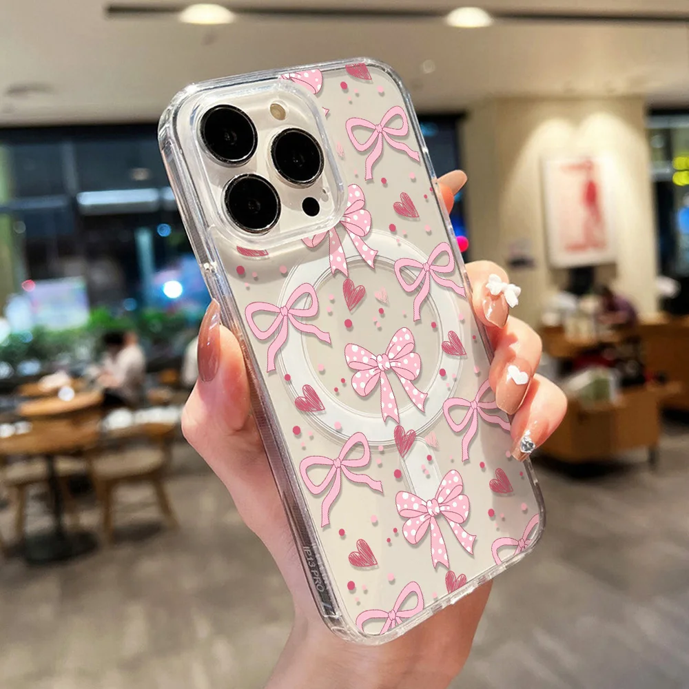 Elegant Pink Bow Transparent Phone Case - Shockproof & Protective Cover with Wireless Charging Compatibility